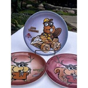 Y2K 2004 Burgerville Melvin Elk & Ace Beaver Melamine Plate Lot of 3 PNW Rare